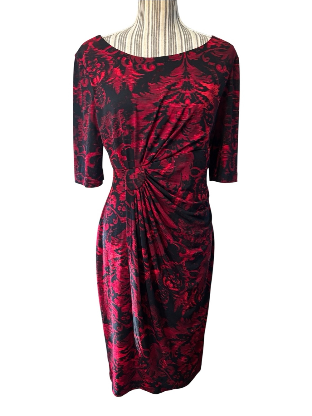 Connected Apparel Dress Size 12 Red Black Midi Sheath Knot-Detail Damask Floral